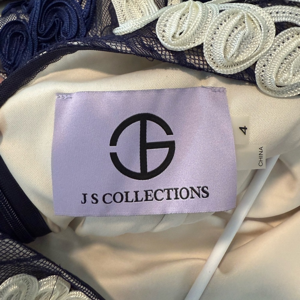 JS Collections Nordstrom Soutache Lace Embroidered Midi Dress Navy White size 4 - Picture 5 of 6